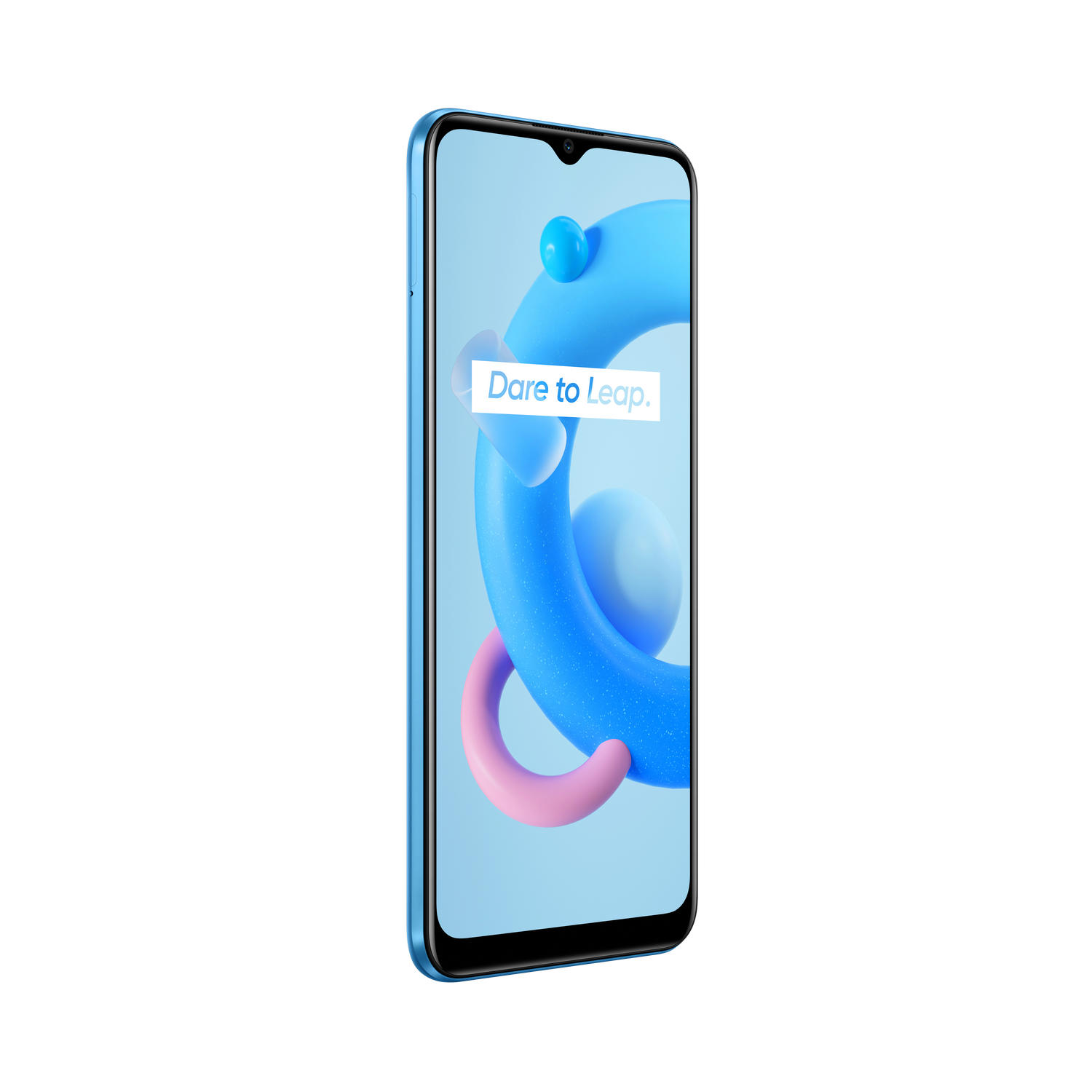 Un smartphone Realme azul con muesca de lágrima, mostrando un fondo abstracto colorido.