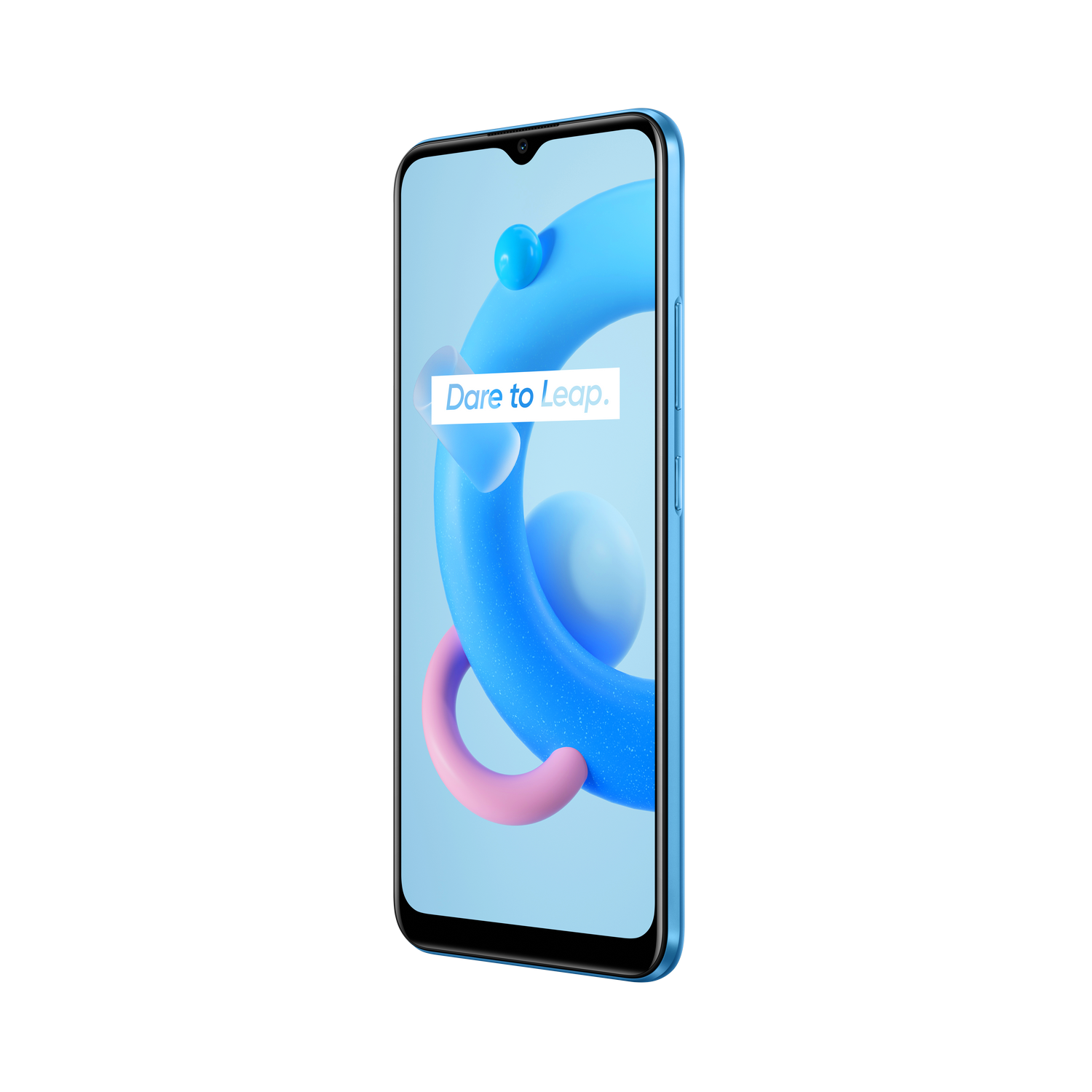 Teléfono azul con pantalla mostrando formas abstractas. El teléfono tiene marco azul y fondo negro.