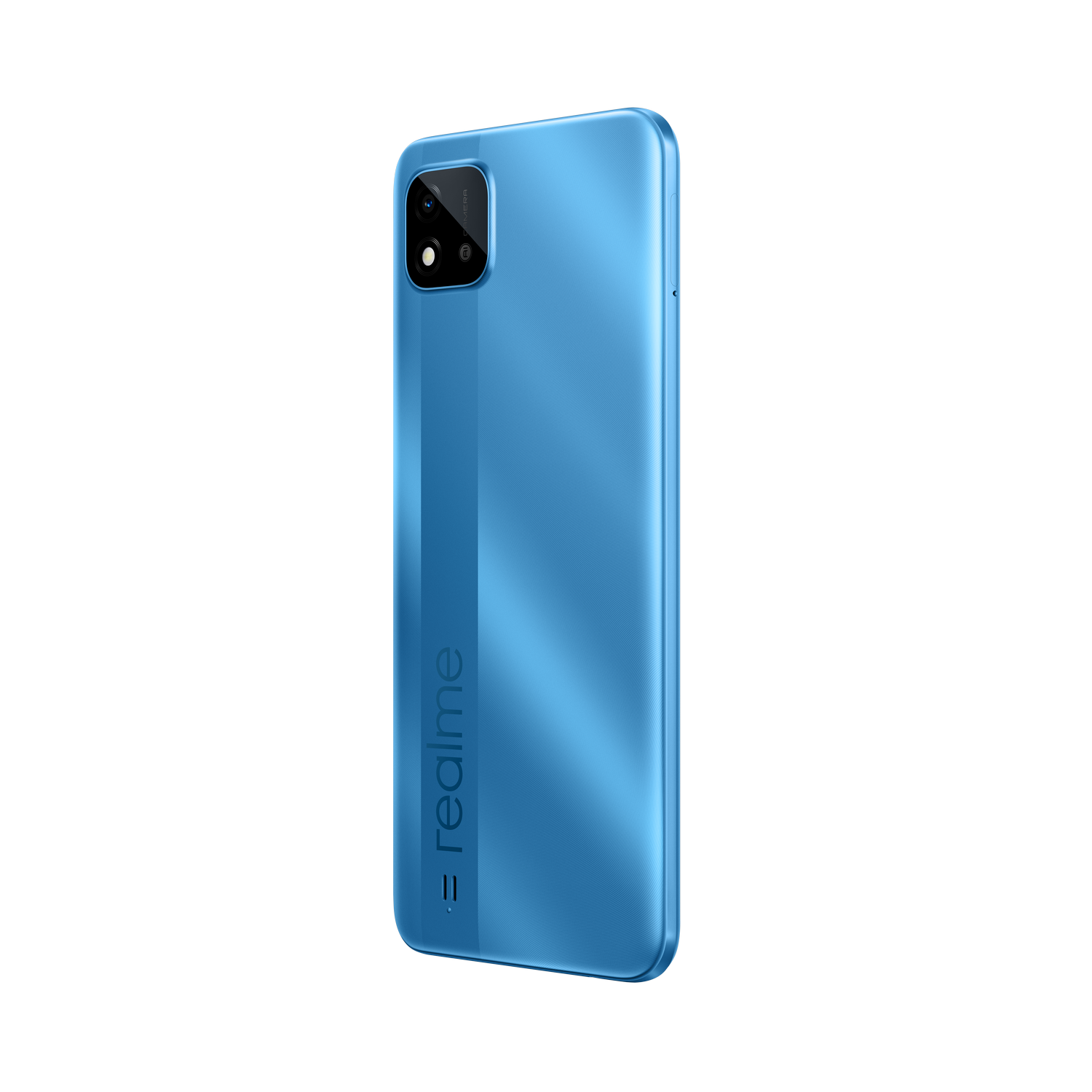Smartphone azul, vista trasera, mostrando la cámara y el logo 'realme'. Fondo negro.