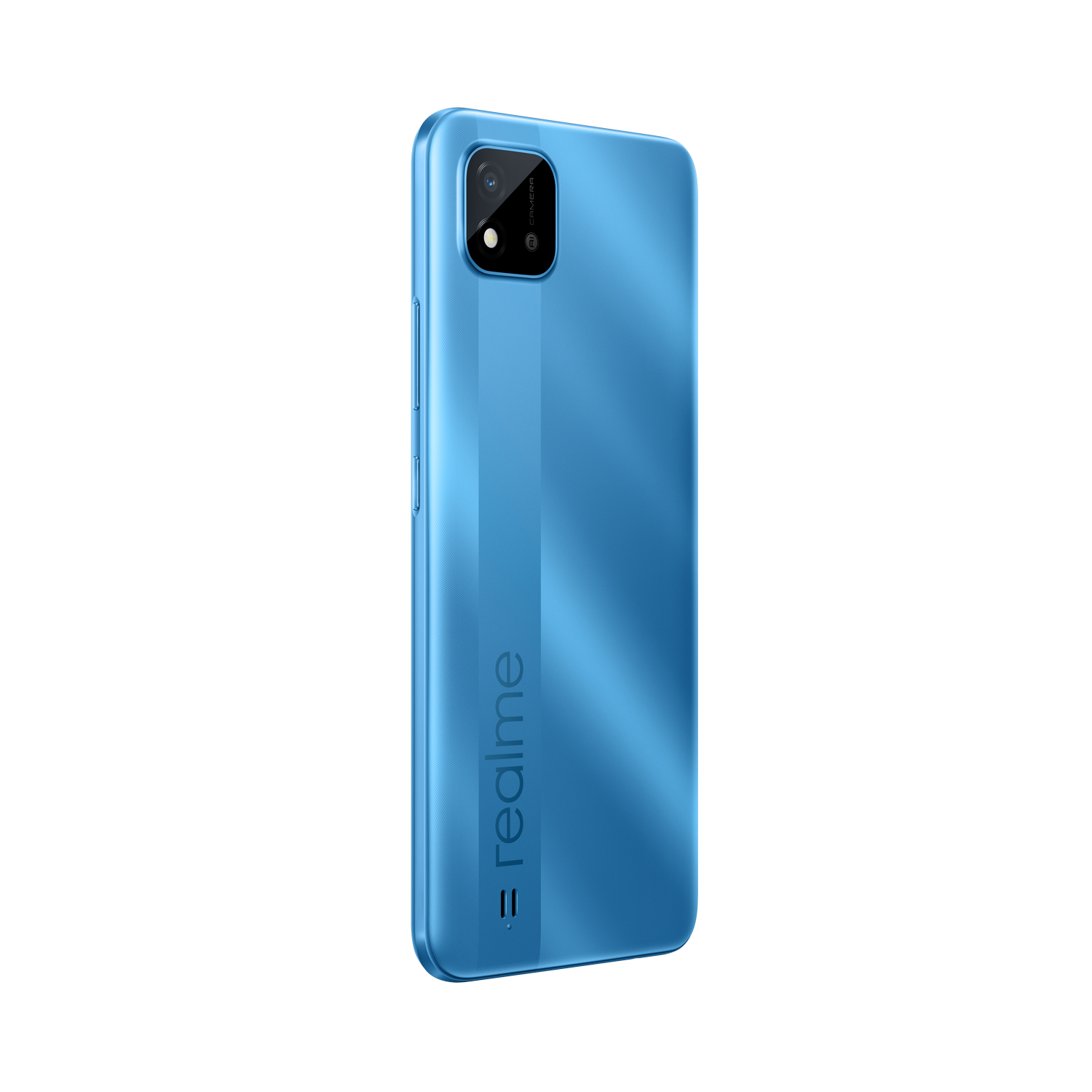 Un smartphone azul sobre un fondo negro, mostrando la parte trasera del teléfono.