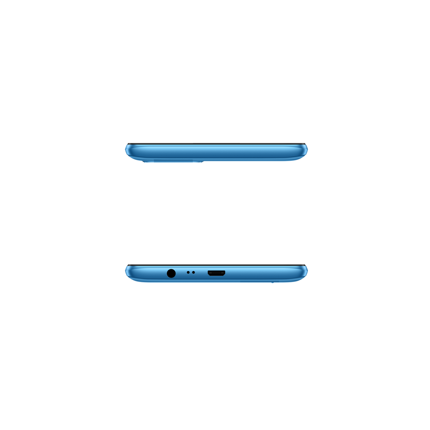 Dos vistas de un teléfono azul claro: borde superior e inferior con puertos, sobre un fondo negro.