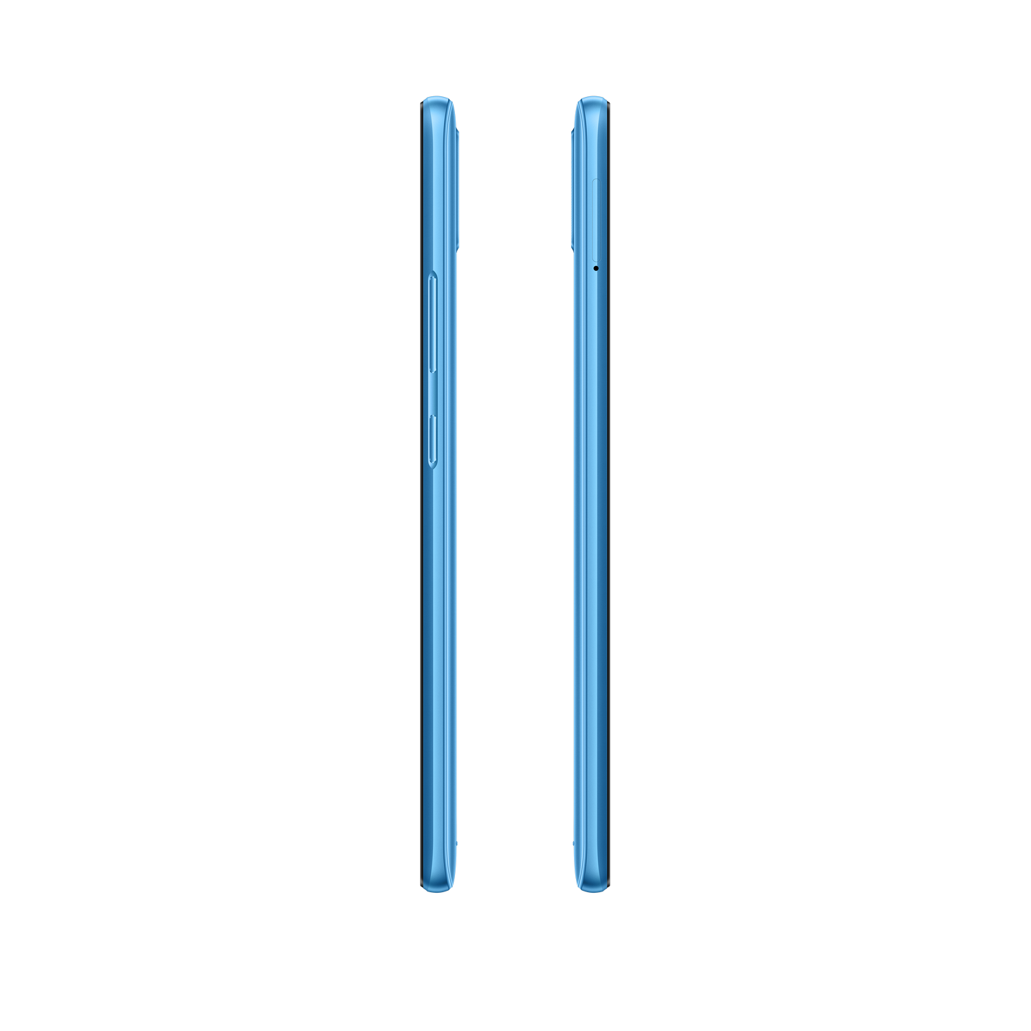 Dos teléfonos azul claro uno al lado del otro contra un fondo negro. Tienen un diseño suave y elegante.