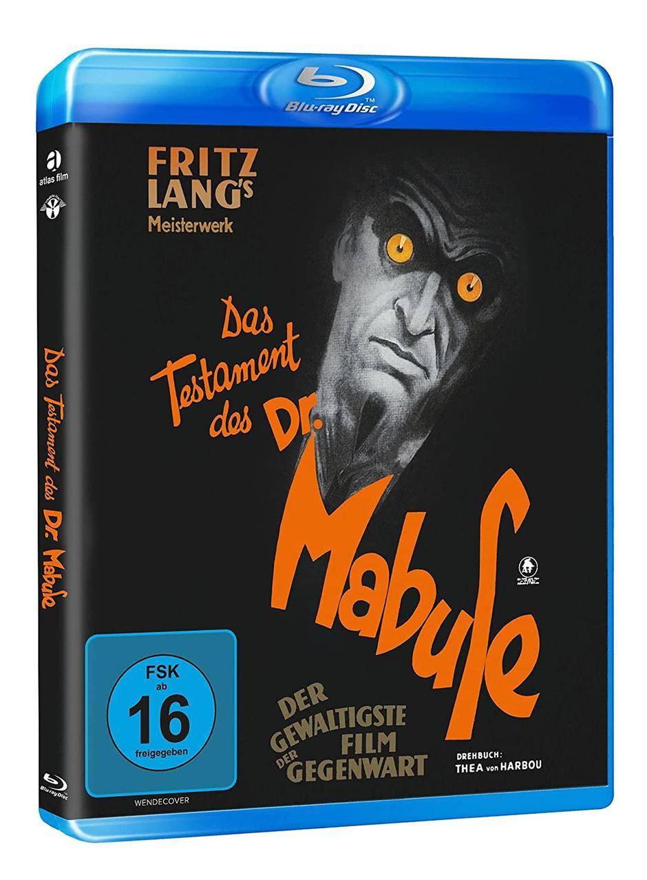 Blu-ray-Cover für den Film "Das Testament des Dr. Mabuse" mit dunklem Hintergrund und orangem Text.