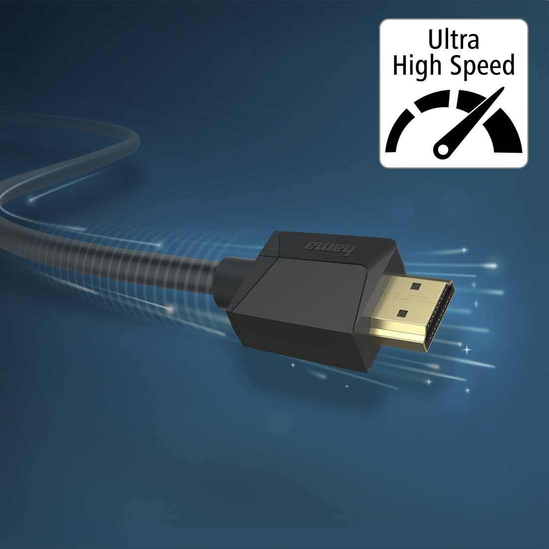 Ein schwarzes HDMI-Kabel mit Stecker vor blauem Hintergrund mit Lichtstreifen wird gezeigt.