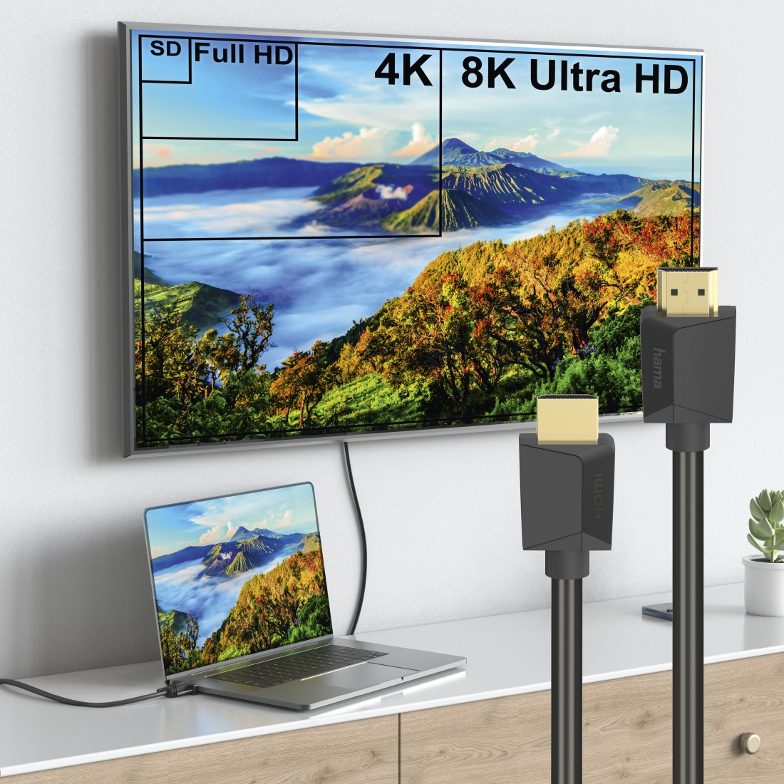 HDMI-Kabel, die an einen Laptop und einen Fernsehbildschirm angeschlossen sind, mit Text: 4K 8K Ultra HD.