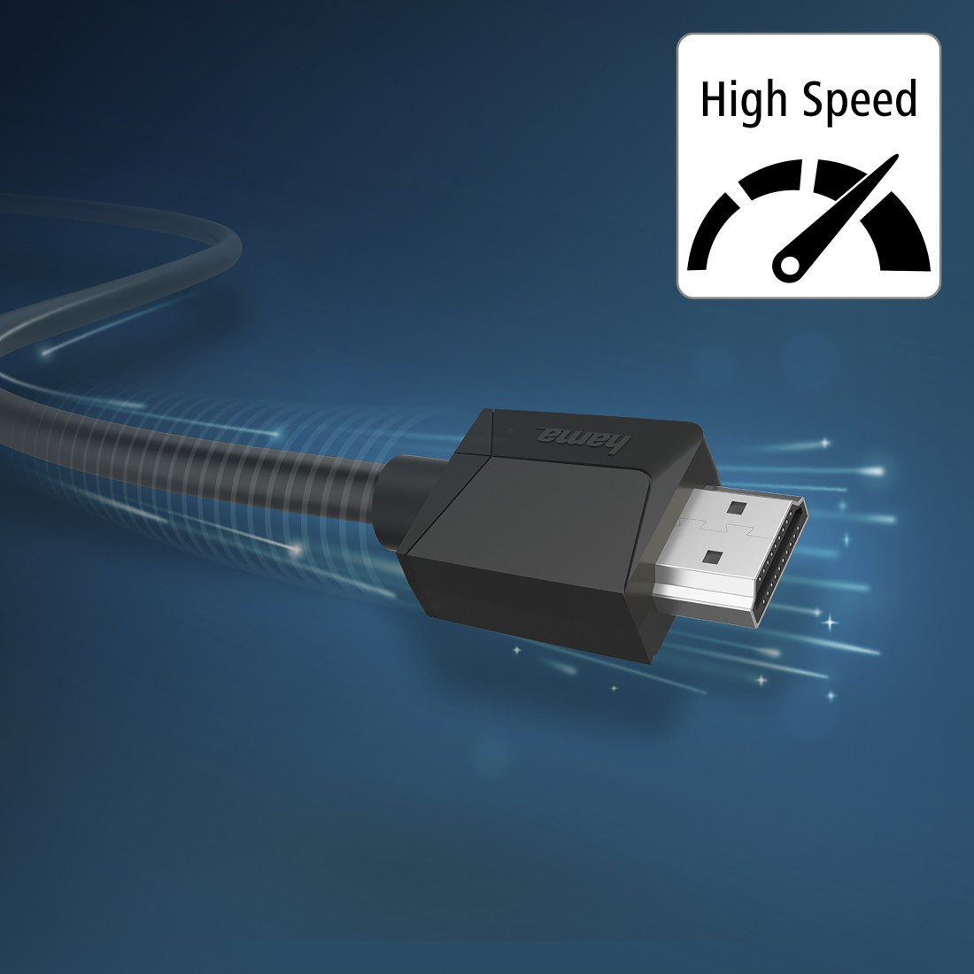 HDMI-Kabel mit schwarzem Stecker. Das Kabel ist schwarz. Ein Highspeed-Symbol ist oben rechts.