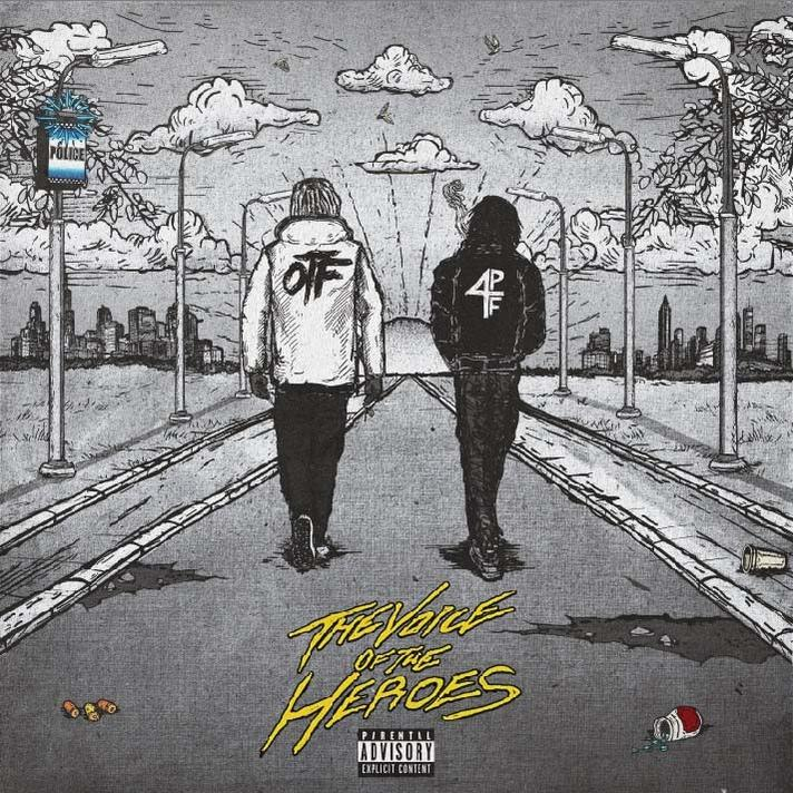 Couverture d'album avec deux hommes marchant sur une route, fond de ville.