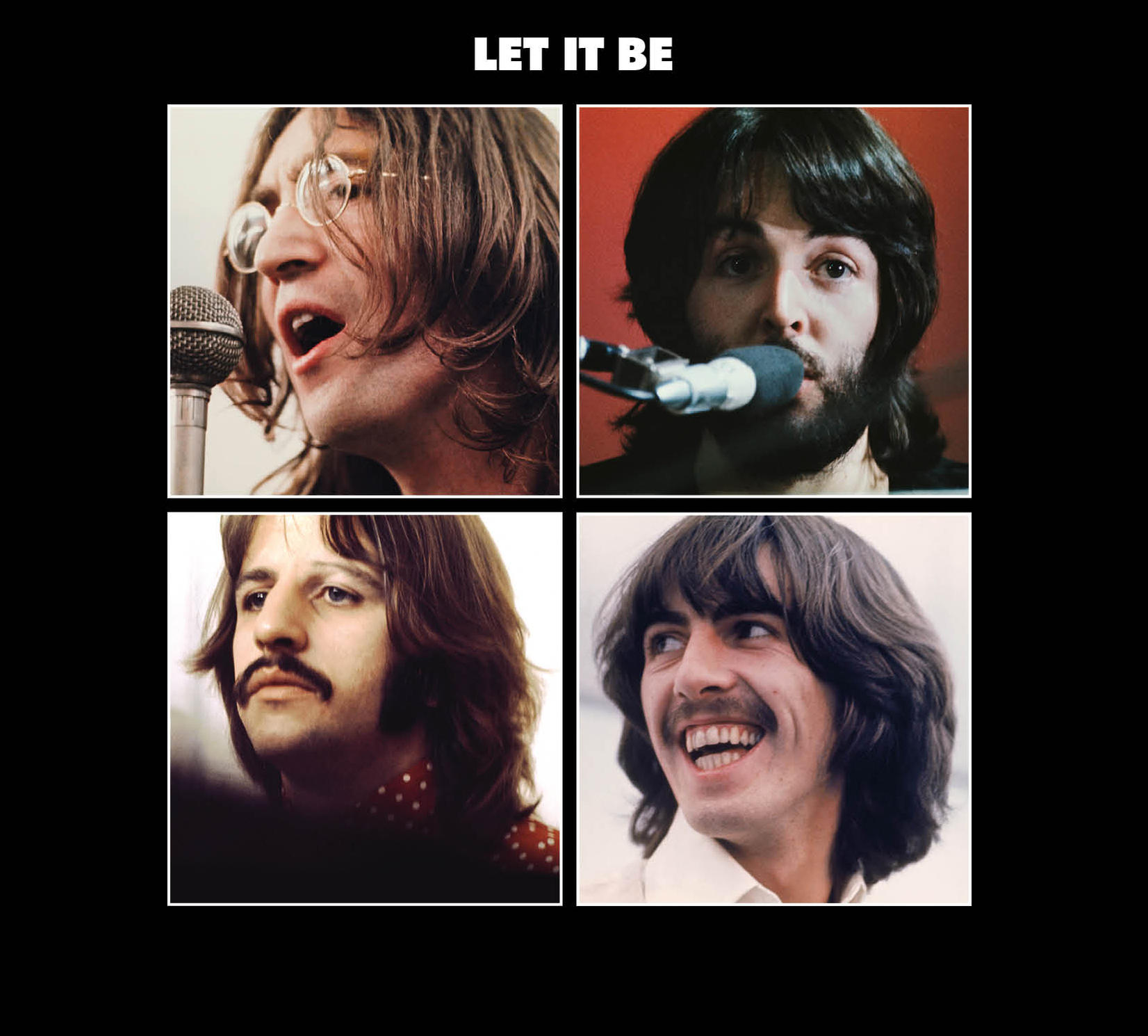 Négy portré a Beatles-ről. John, Paul, Ringo és George a képen. Fekete háttér.