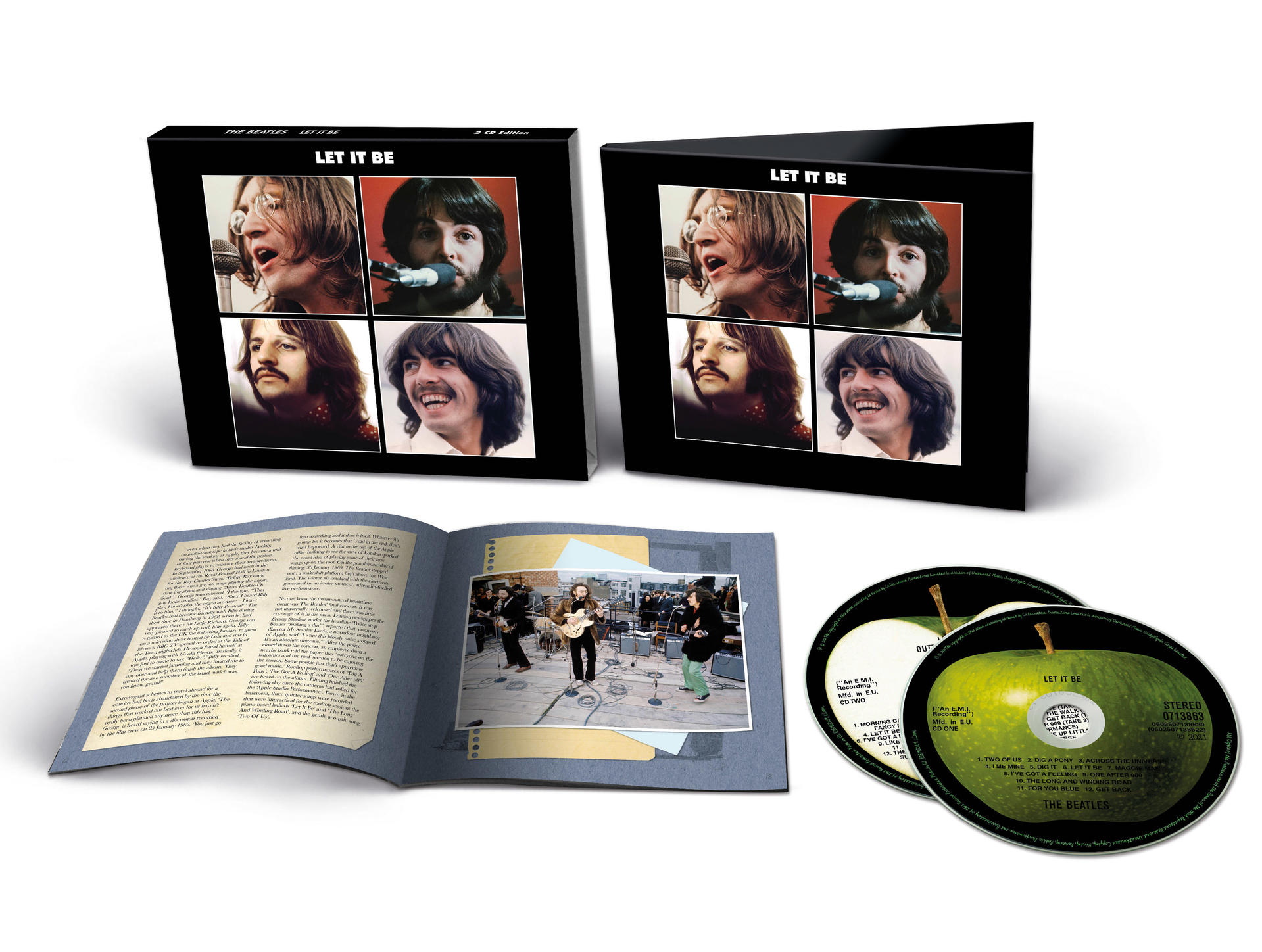 Beatles 'Let It Be' album nyitott füzettel és lemezekkel.