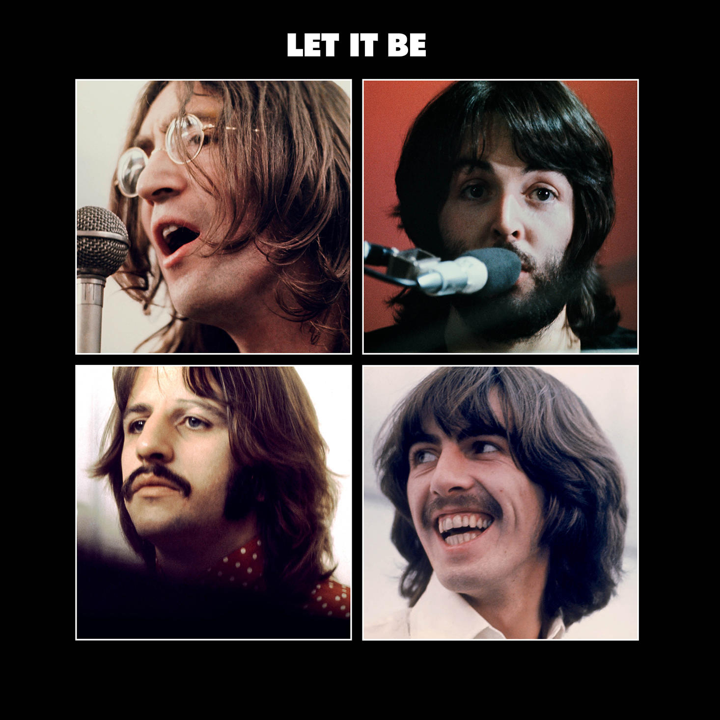 Albumcover von The Beatles' 'Let It Be'. Enthält vier Porträts der Bandmitglieder in Schwarzweiß.