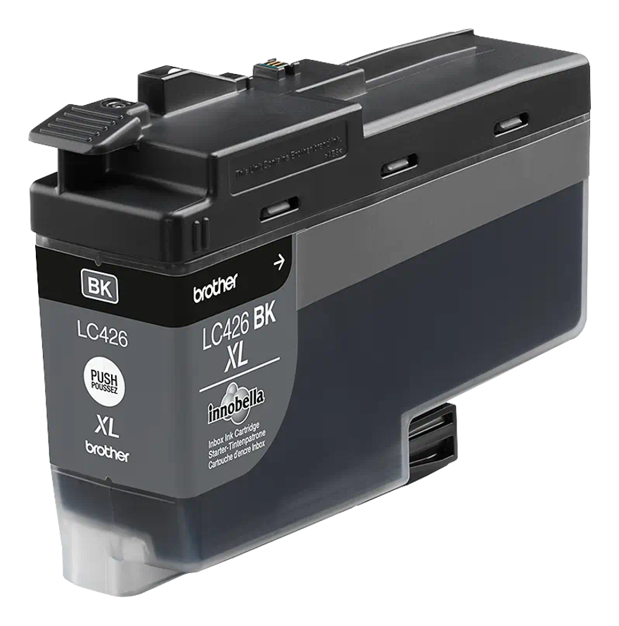 Schwarze Brother LC426 BK XL Tintenpatrone. Die Patrone ist rechteckig mit Markennamen.