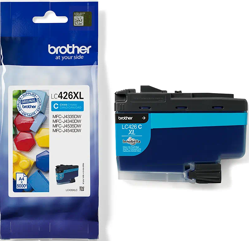 Cartouche d'encre cyan Brother LC426XL et emballage, avec une cartouche d'encre bleue et du texte.