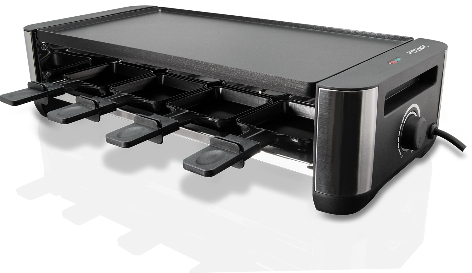A black raclette grill with cheese trays, a cooking surface, and a control knob.
