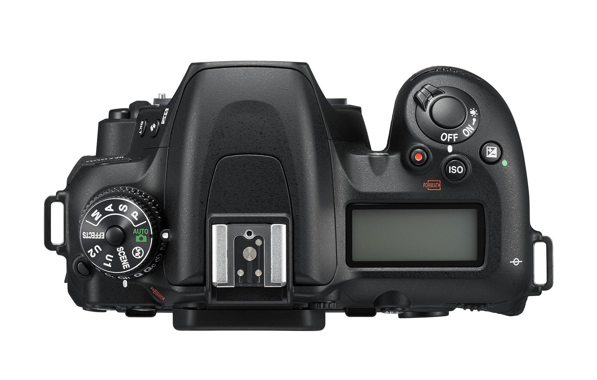 Eine schwarze Kamera von oben betrachtet, mit verschiedenen Rädern, Knöpfen und einem Display.