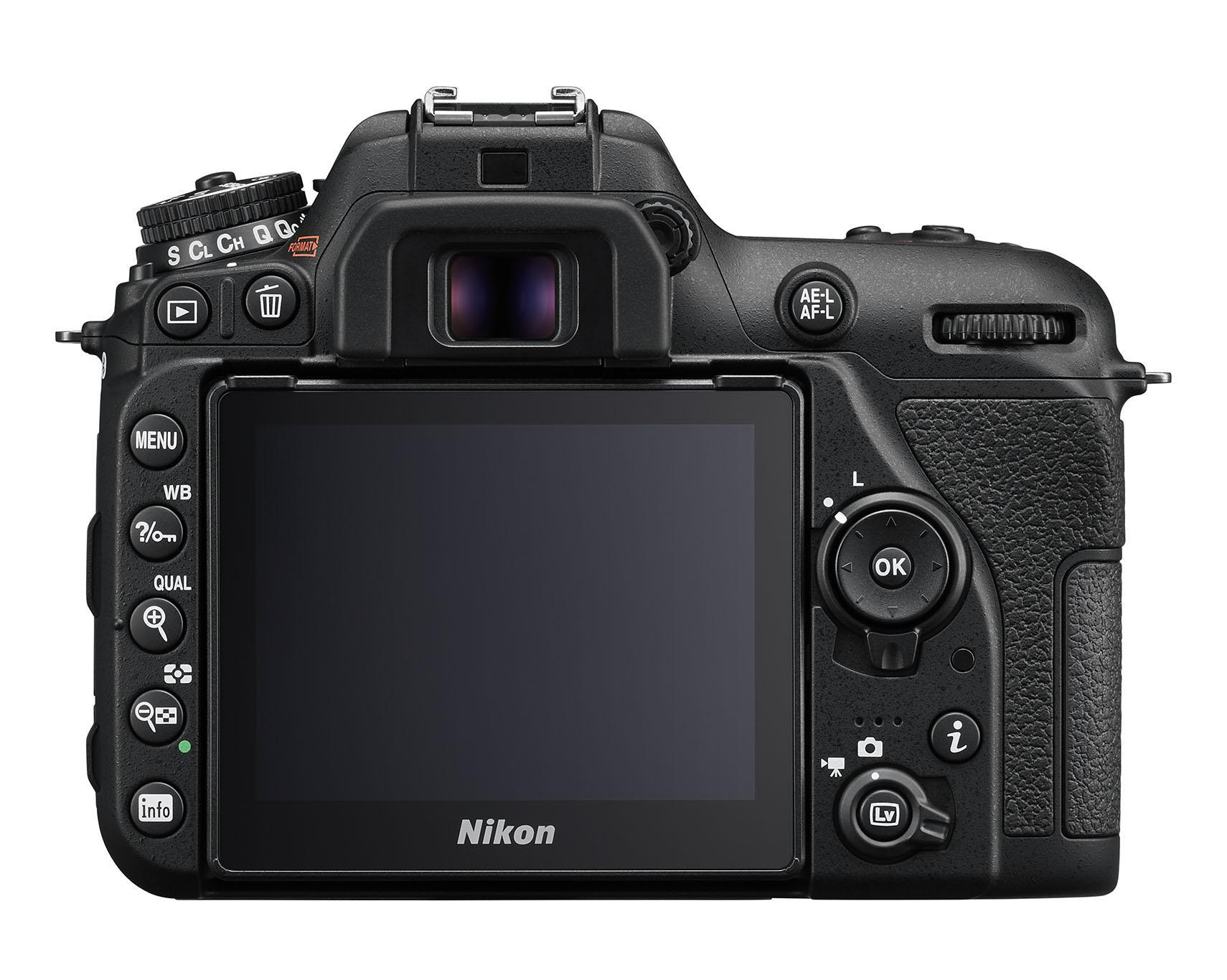 Die Rückansicht einer schwarzen Nikon-Kamera, die den LCD-Bildschirm und die Bedientasten zeigt.