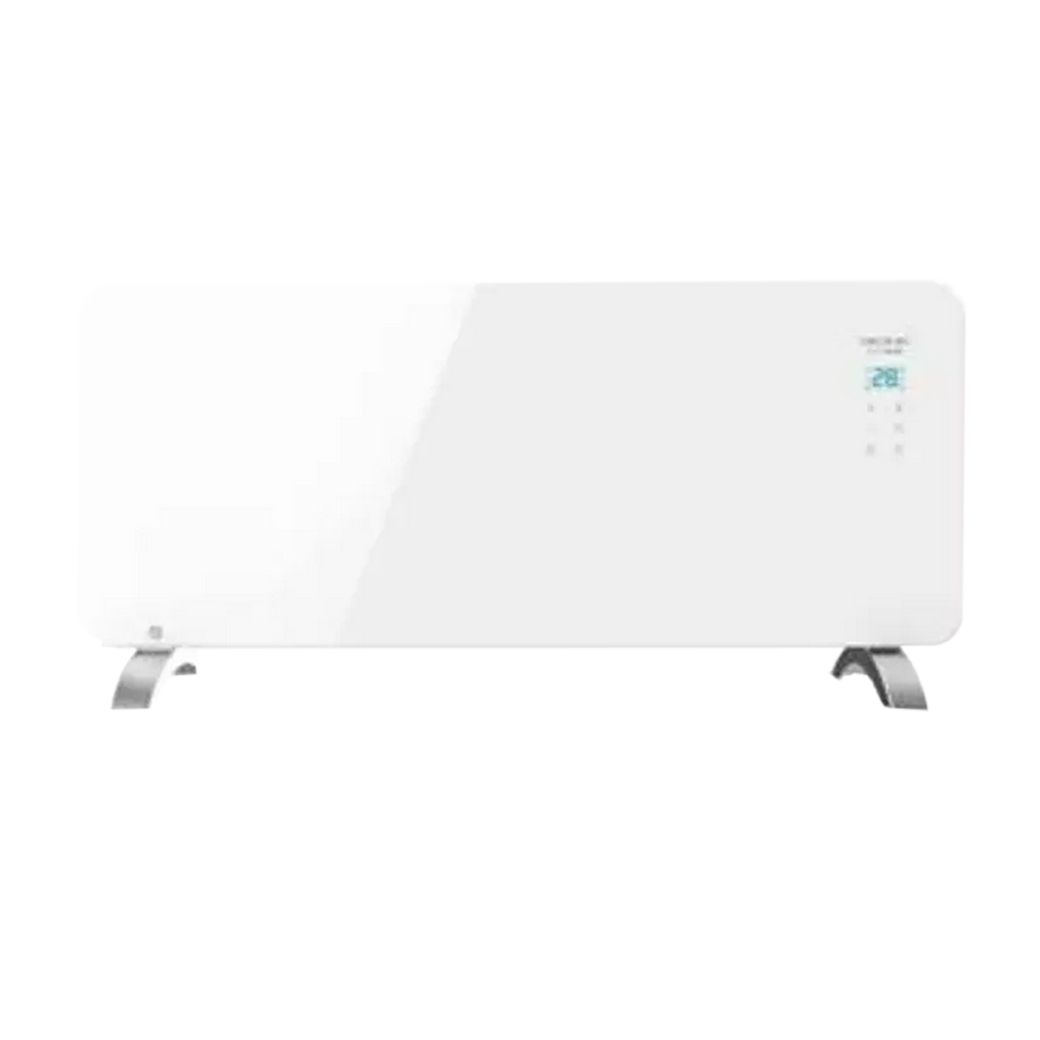 Calentador eléctrico blanco sobre pies, con una pantalla digital que muestra la temperatura.