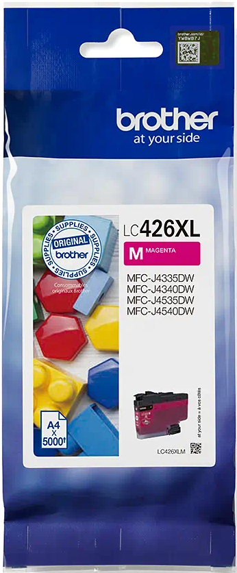 Brother LC426XL Magenta-Tintenpatrone. Die Verpackung enthält ein Bild von bunten Bausteinen.
