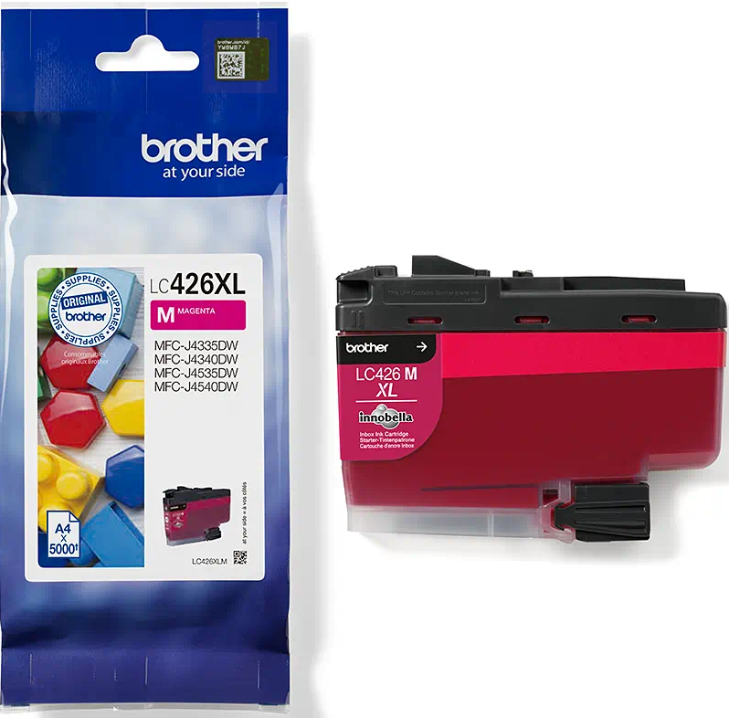 Tintenpatrone für Brother-Drucker. Die Patrone ist rosa in einer Plastiktüte.