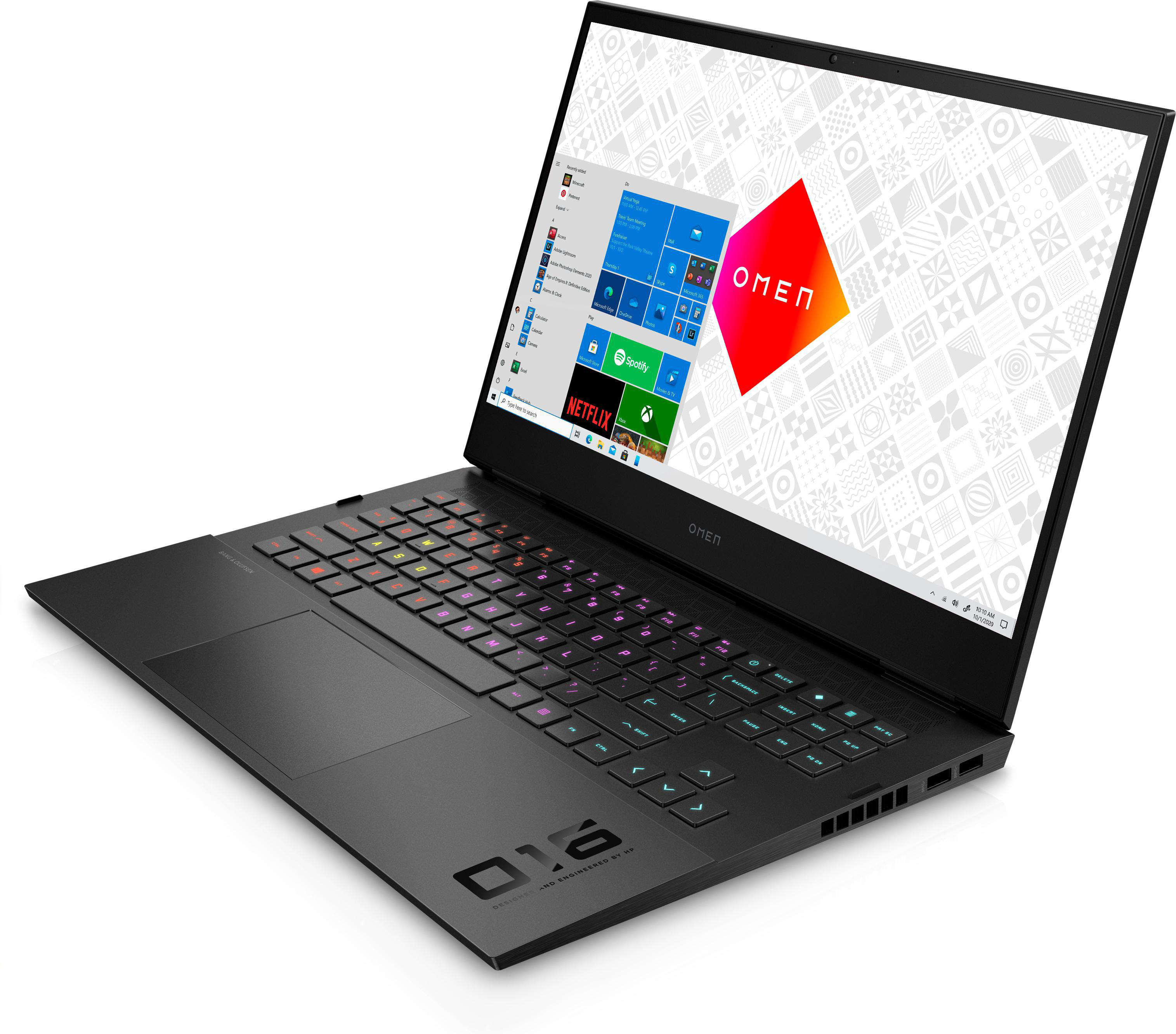 Ein schwarzer Laptop ist geöffnet und zeigt das OMEN-Logo auf dem Bildschirm.