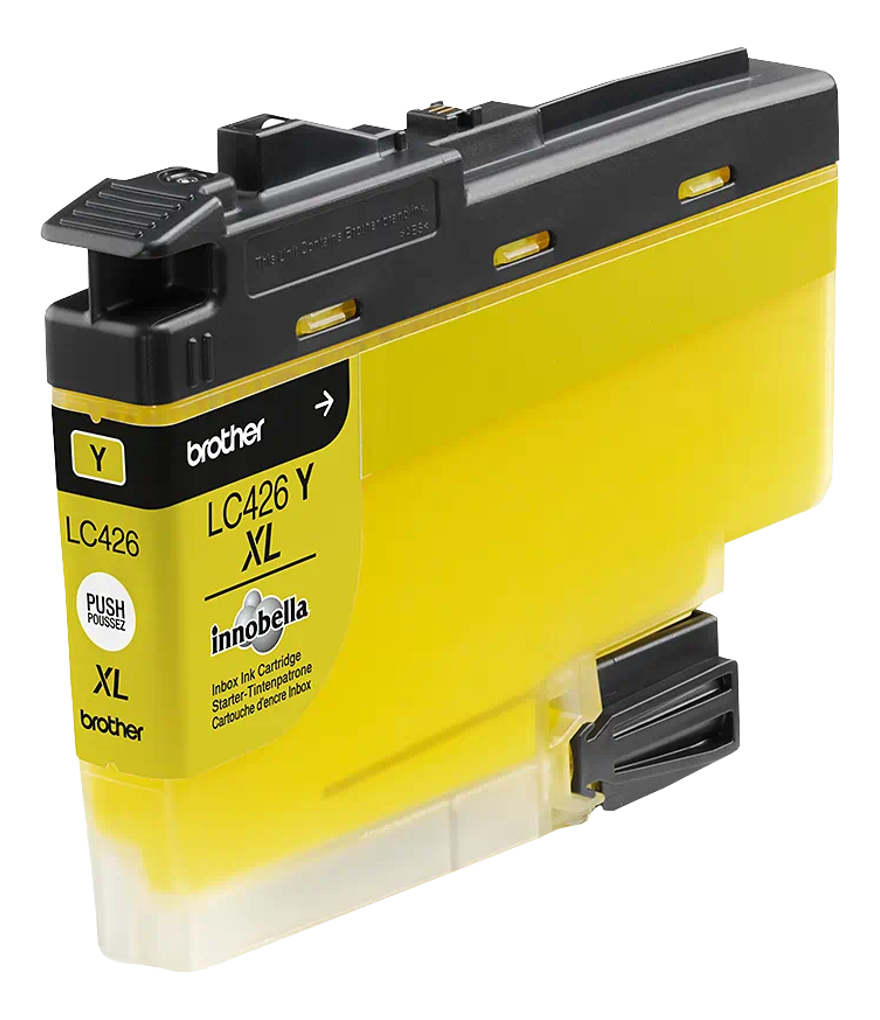 Gelbe Brother LC426 Y XL Tintenpatrone. Schwarzer Deckel und beschriftet mit 'LC426 Y XL'.