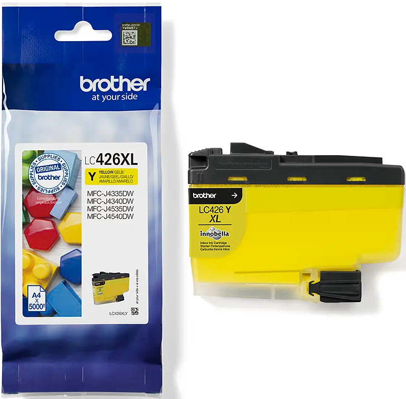Brother LC426XL gelbe Tintenpatrone und Verpackung. Die Patrone ist gelb, die Verpackung weiß und blau.