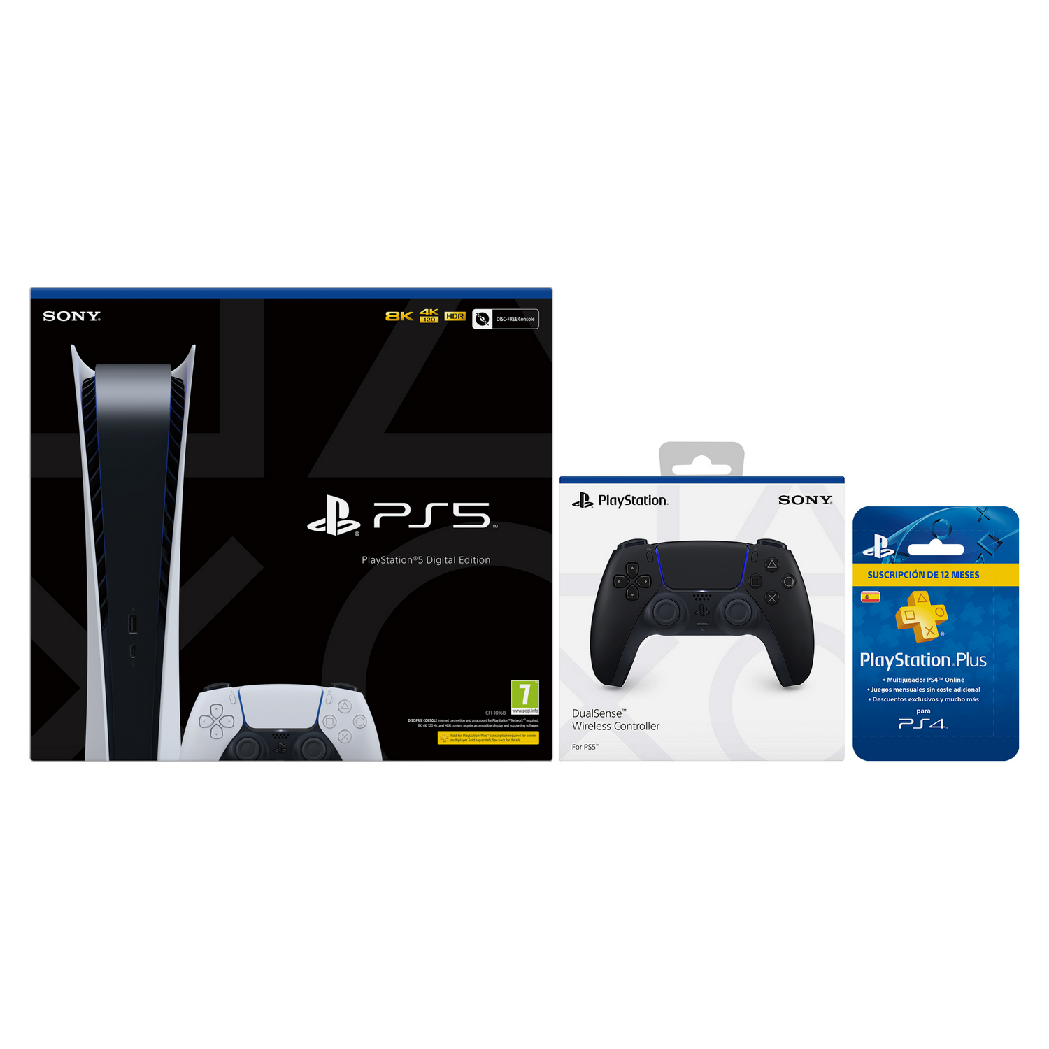 Consola - Sony PS5 Digital Edition, 825 GB + DualSense™ Wireless Controller + Tarjeta PlayStation Plus Card