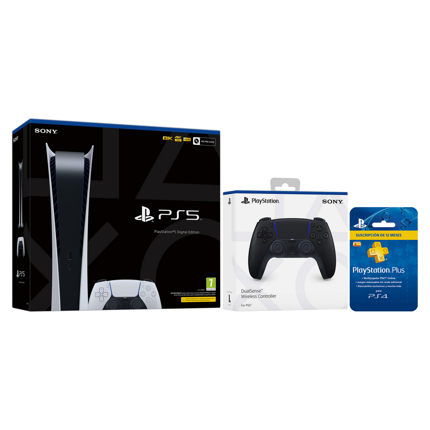 Consola - Sony PS5 Digital Edition, 825 GB + DualSense™ Wireless Controller + Tarjeta PlayStation Plus Card