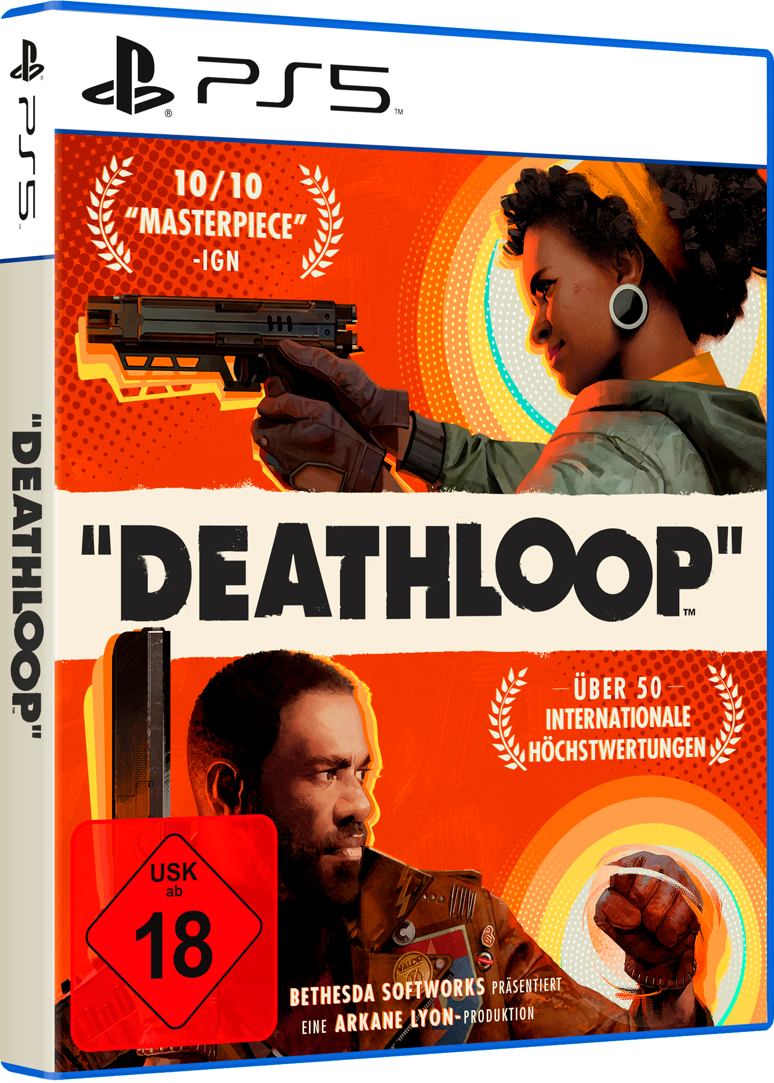 Videospiel-Box-Art für "DEATHLOOP" auf PS5, mit Charakteren und Logo.