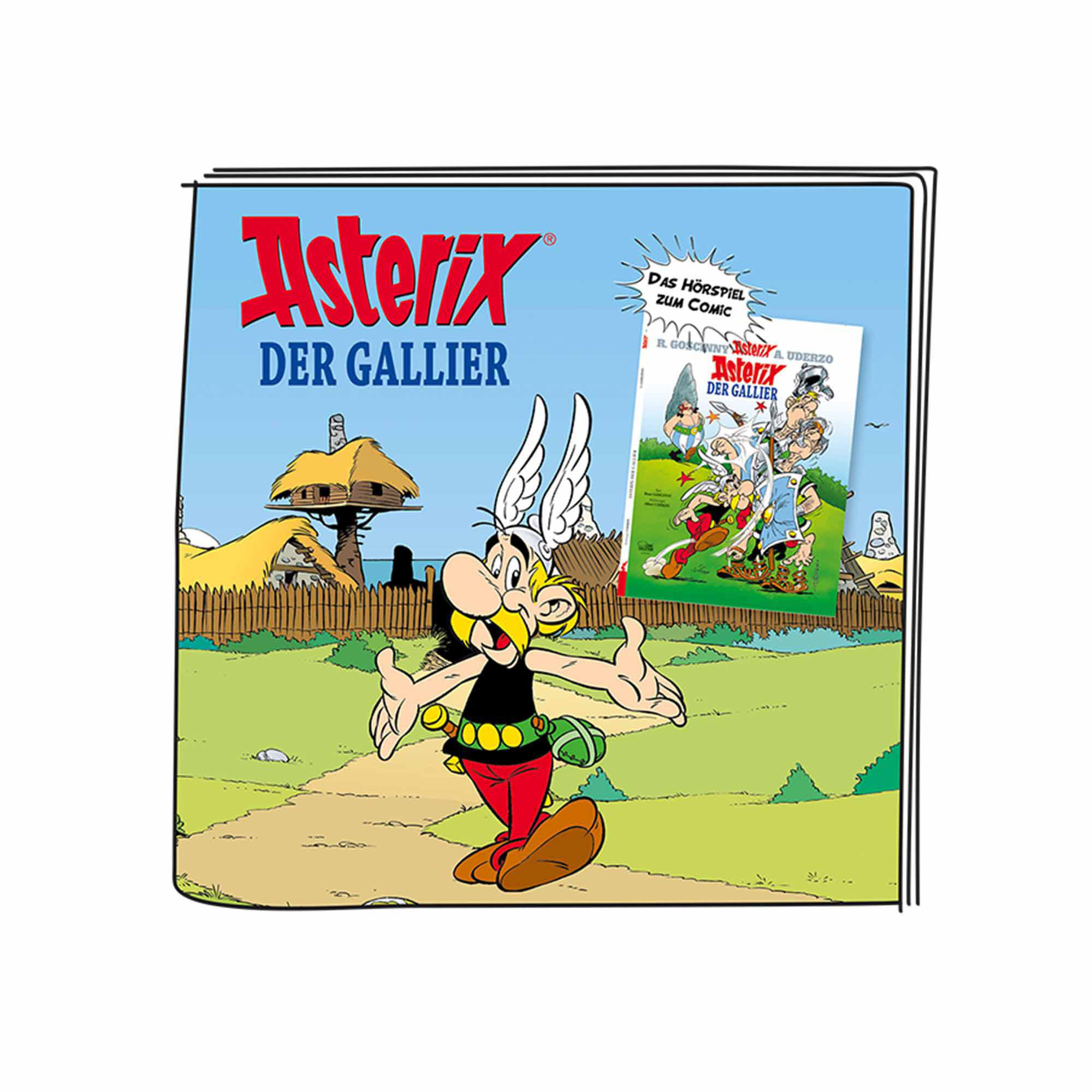 Asterix-Comic-Cover mit einer Karikatur von Asterix und anderen Figuren in einem Dorf.