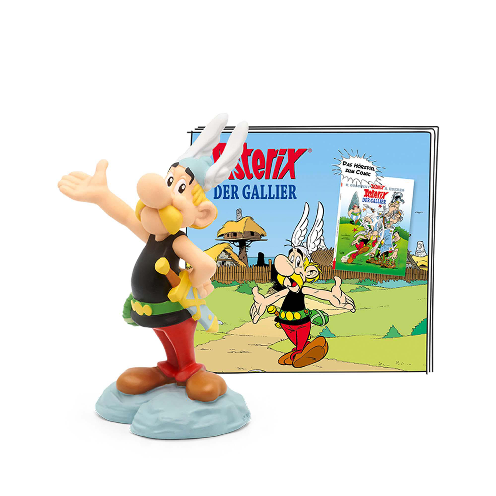 Asterix-Figur mit Comic. Figur des Galliers Asterix mit einem Comic im Hintergrund.