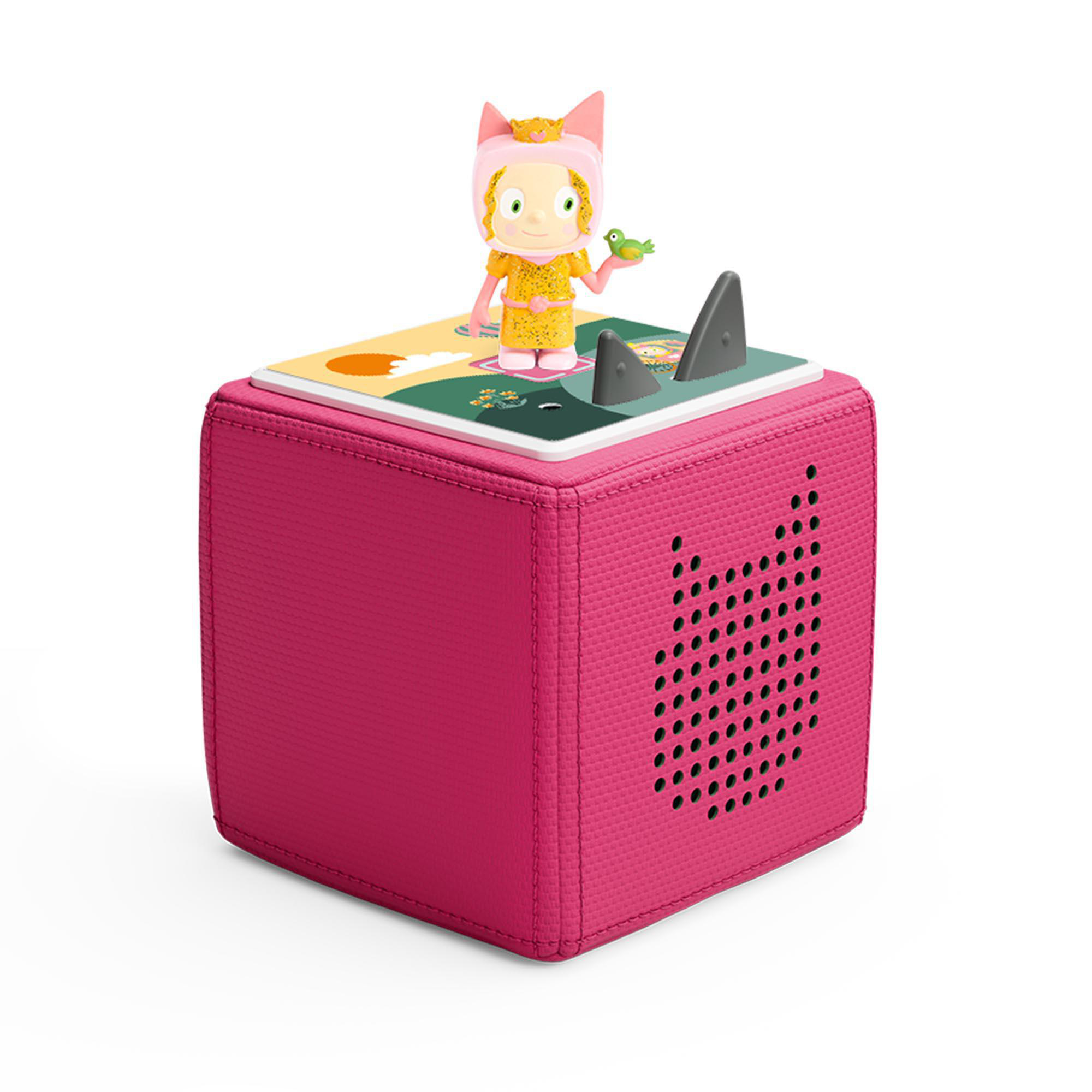 Rosa Toniebox mit Figur oben drauf. Die Box hat eine Hai- und Kind-Illustration.