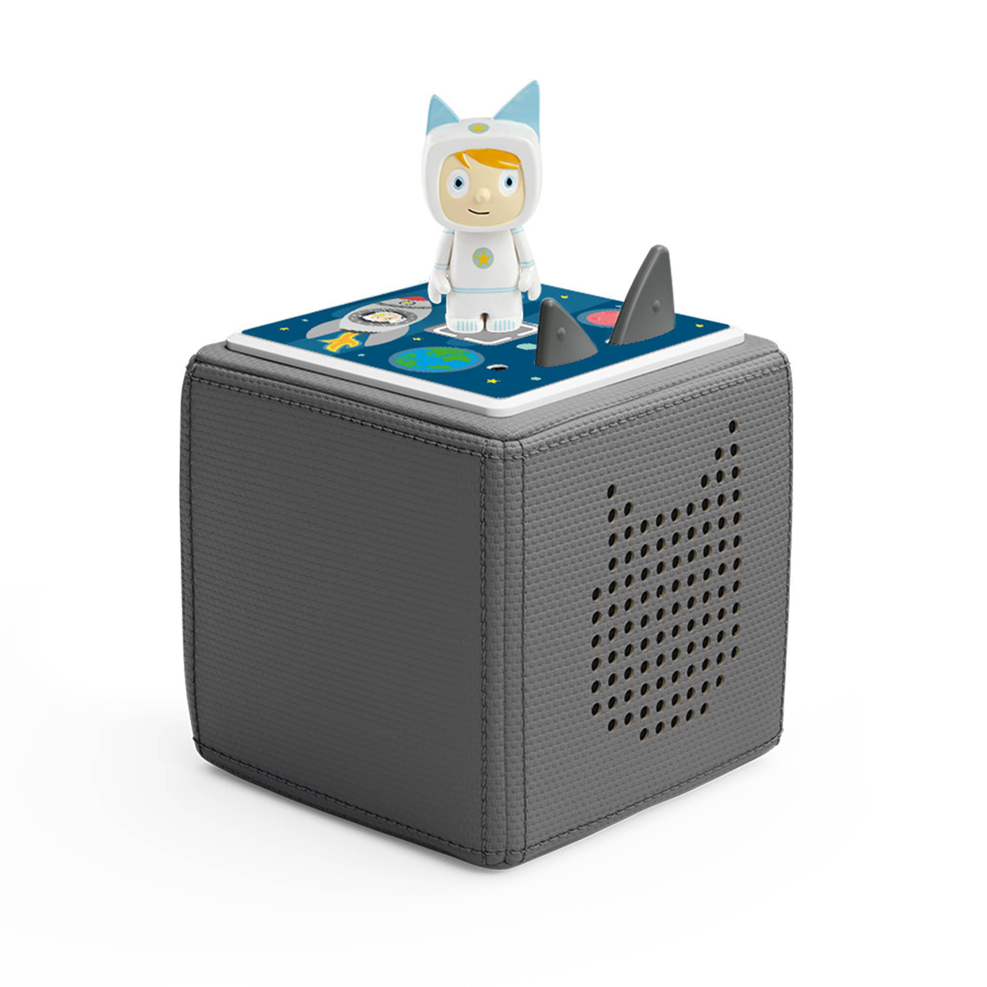 Graue Toniebox mit einer Weltraum-Tonie-Figur oben drauf.