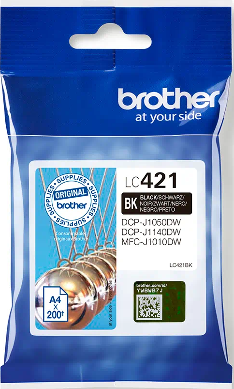 Blaue Kunststoffverpackung von Brother LC421 Tintenpatronen mit Etiketten.