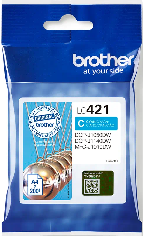 Cyan Brother LC421 Tintenpatrone und Verpackung, mit blauer Tintenpatrone und Text.