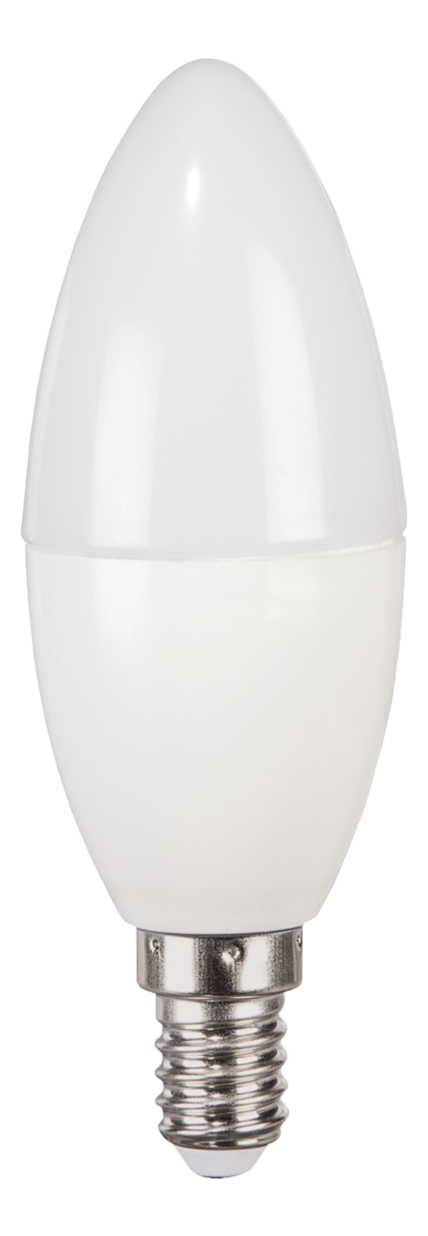 Weiße Glühbirne mit silbernem Sockel. Die Glühbirne ist oval und der Sockel hat Schrauben.