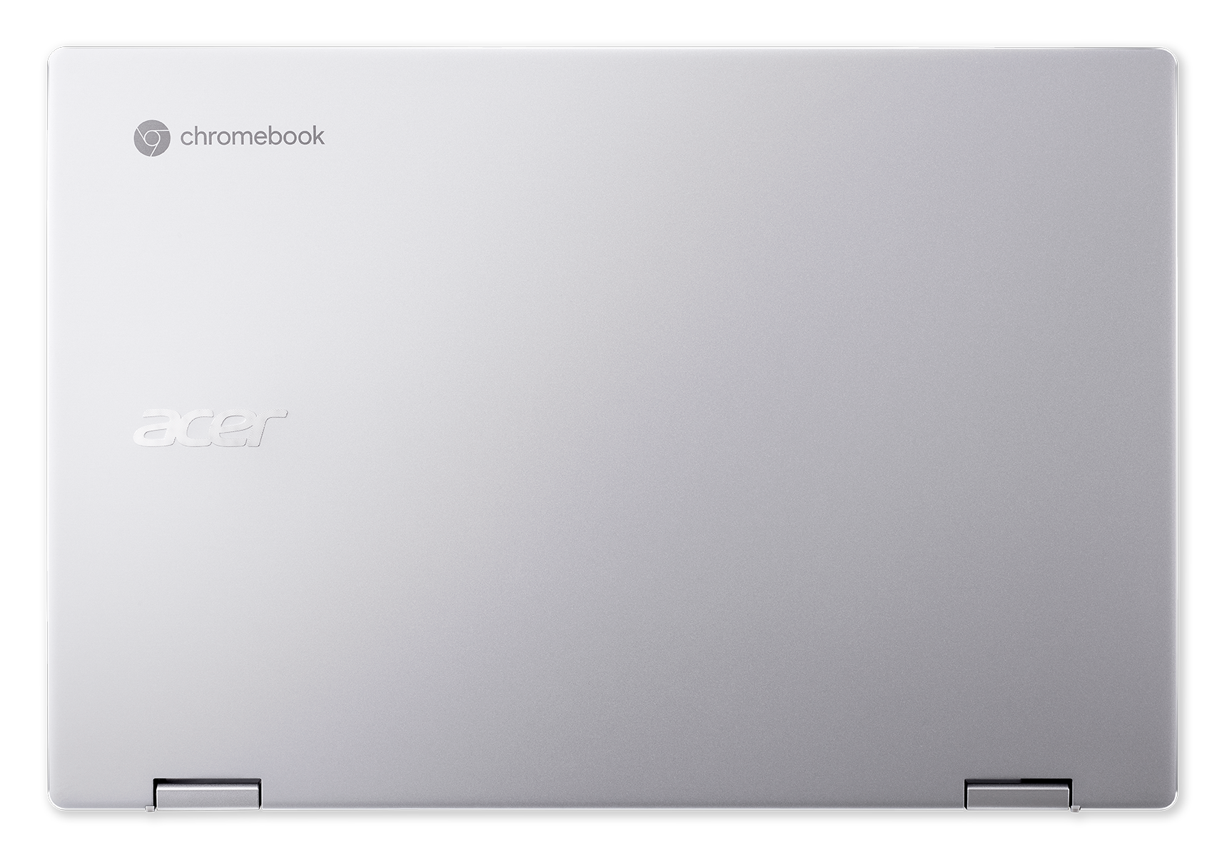 Zilveren Chromebook-laptop, gesloten, toont de bovenkant met logo en branding.