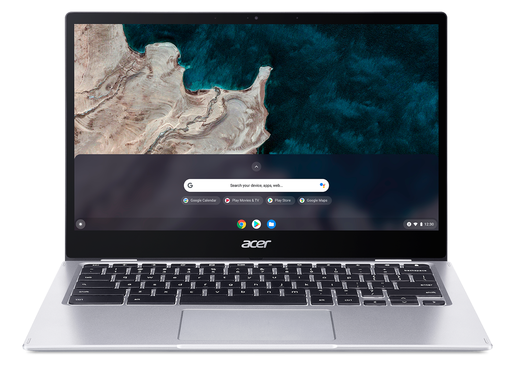 Zilveren Acer Chromebook laptop op zwarte ondergrond, toont Google zoekpagina.