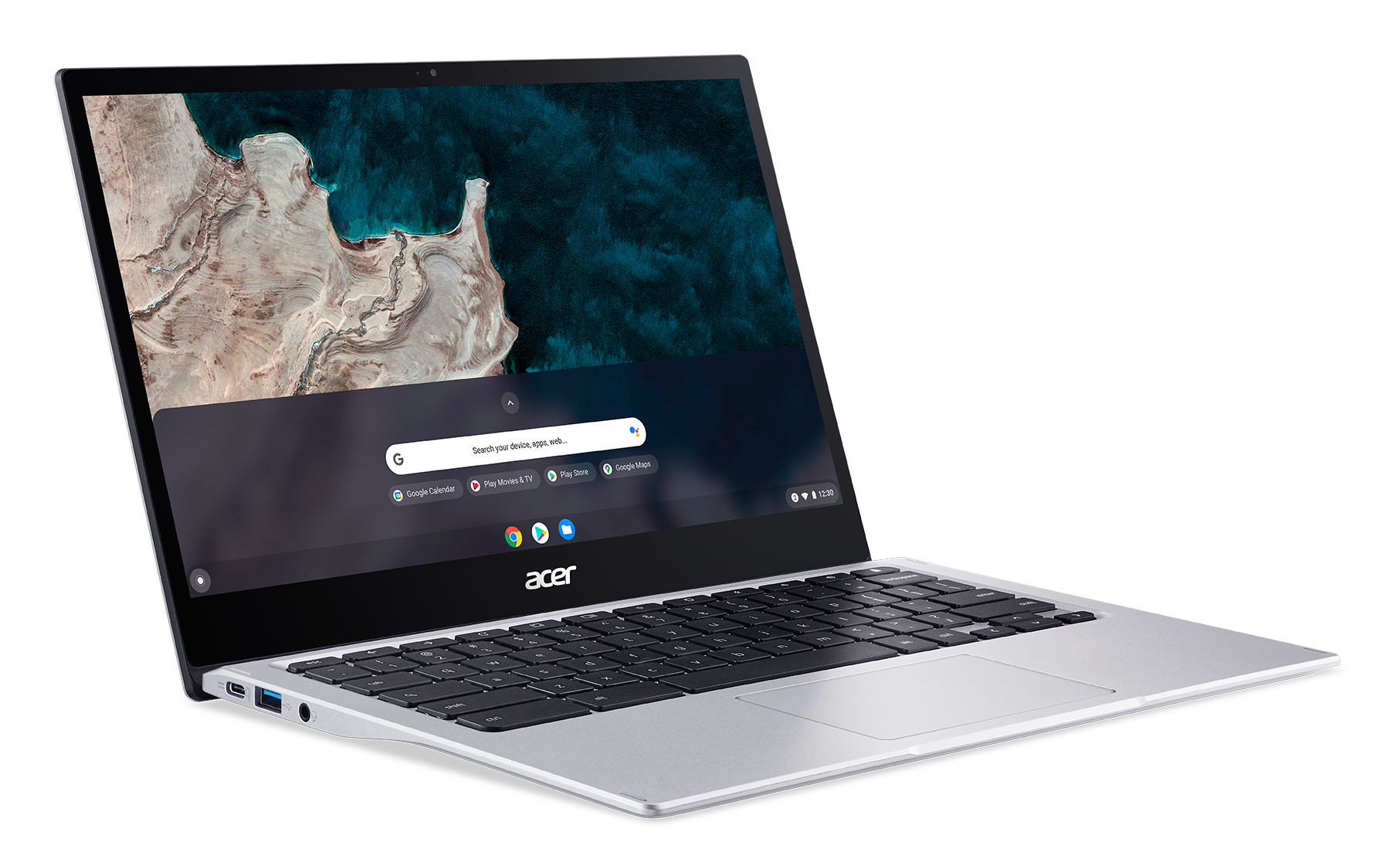 Zilveren laptop, open, met scherm met interface.