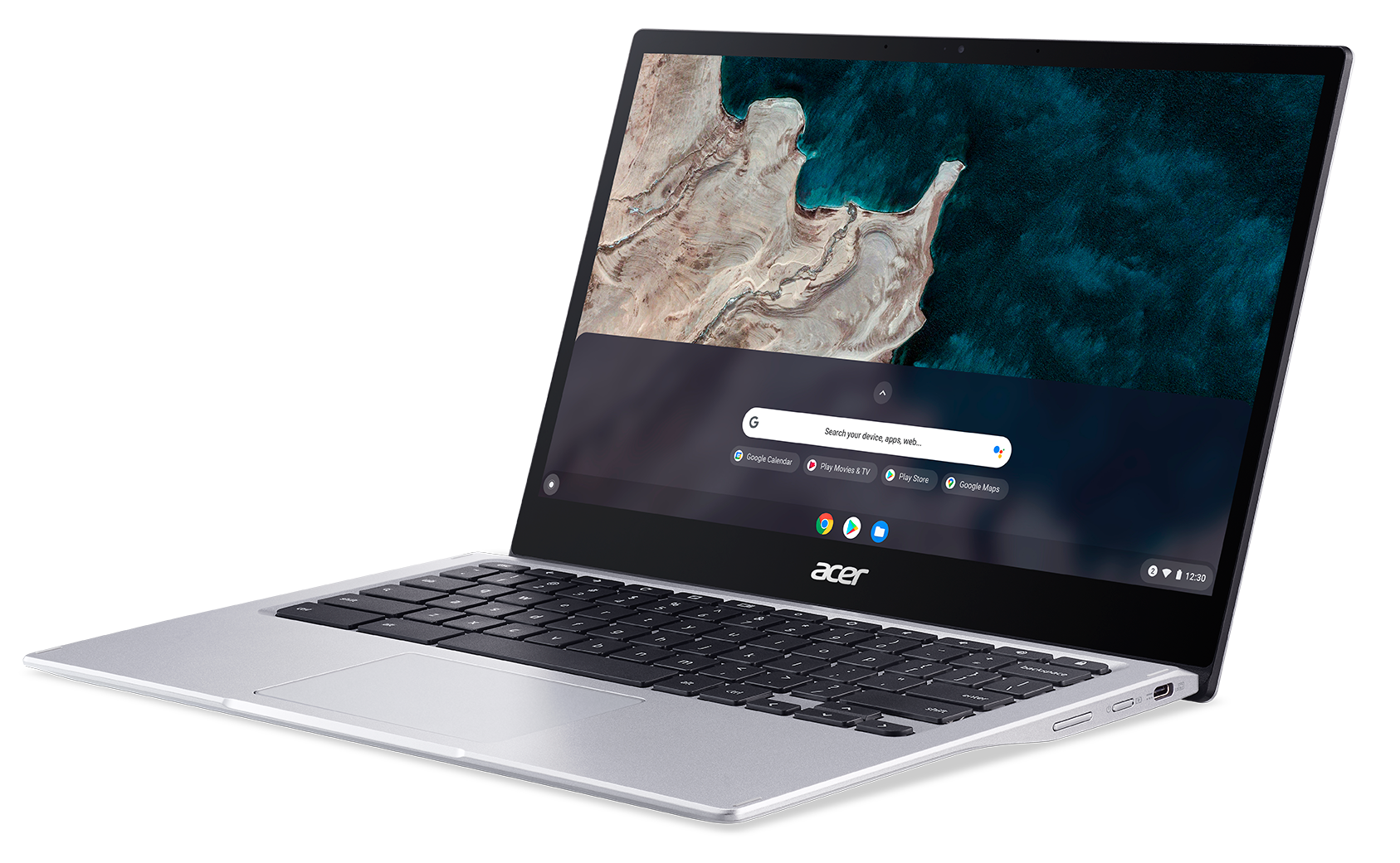 Zilveren Acer Chromebook laptop open op een donkere ondergrond met webzoekopdracht.