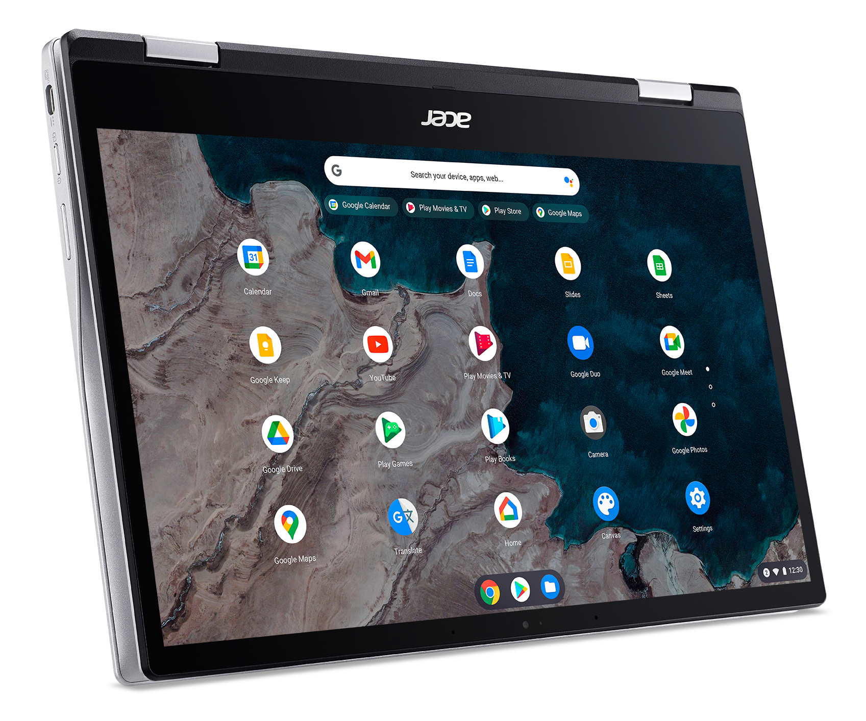 Een zilveren en zwarte Acer Chromebook Spin laptop op een zwarte achtergrond.