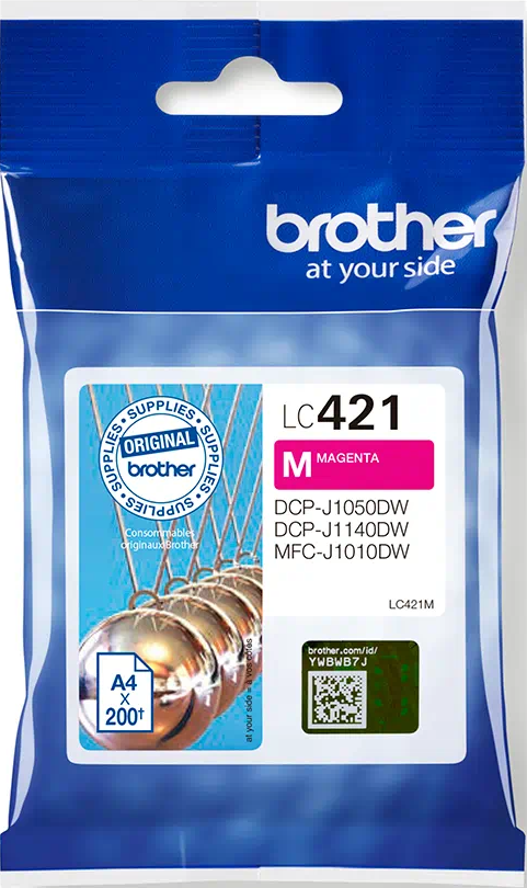 Brother LC421M magenta Tintenpatrone in blau-transparenter Kunststoffverpackung. Enthält das Brother-Logo.