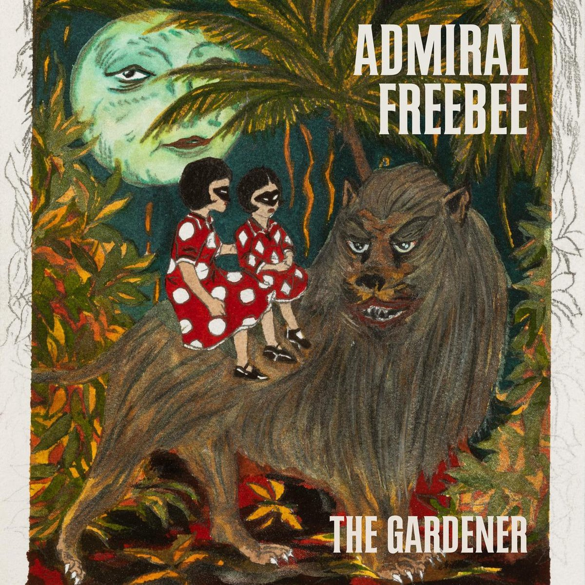 Œuvre d'art d'un lion avec deux enfants qui le chevauchent. Texte : Admiral Freebee, The Gardener. Fond vert et bleu.