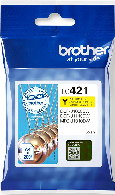 Eine Packung gelber Tintenpatronen Brother LC421. Die Packung zeigt die Tintenpatrone.