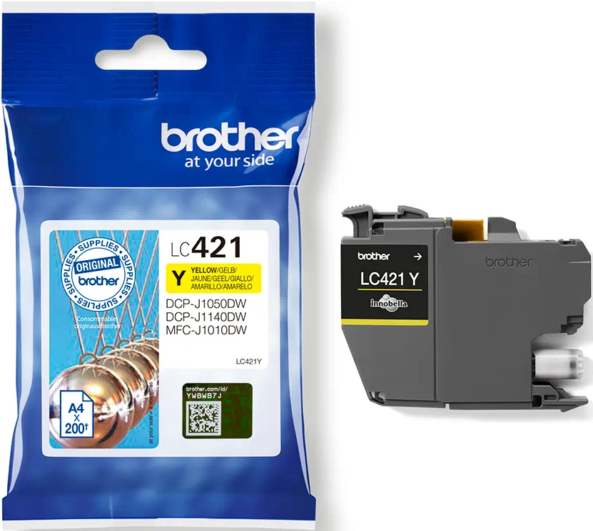 Brother LC421 gelbe Tintenpatrone in einer Plastiktüte mit einer gelben Tintenpatrone daneben.
