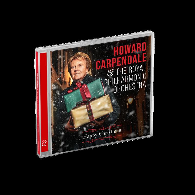 CD-Cover-Art von Howard Carpendale & The Royal Philharmonic Orchestra. Präsentiert einen Mann mit Geschenk im Schnee.
