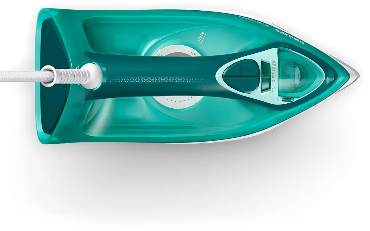 Un fer à repasser Philips turquoise avec un cordon blanc, vu de dessus sur fond blanc.
