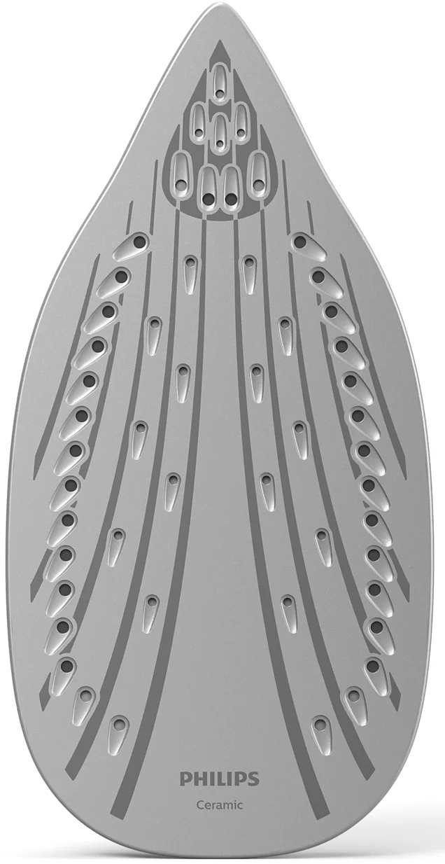 Gros plan sur une semelle de fer à repasser Philips grise. Elle comporte des trous et des rainures pour la vapeur et est étiquetée 'Ceramic'.