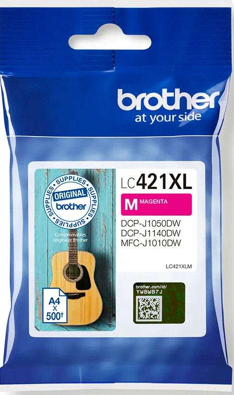 Magenta Tintenpatrone in blauem Paket, mit Gitarrenbild.