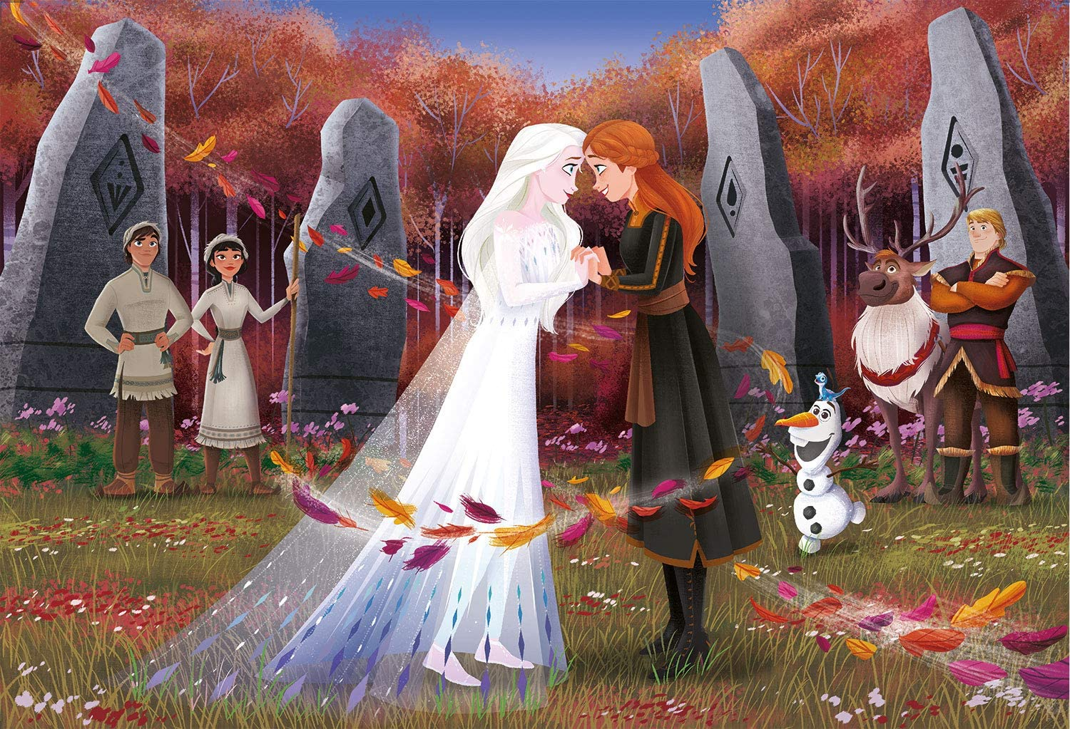 Elsa and Anna from Frozen, facing each other, surrounded by characters and a colorful forest.