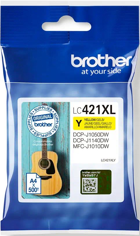 Gelbe Brother LC421XL Tintenpatrone auf blauem und Holz Hintergrund mit Gitarre.